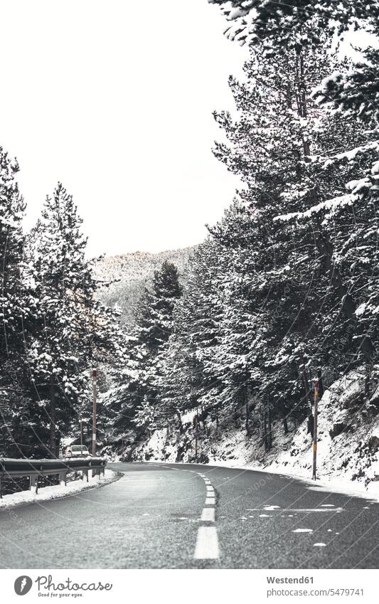 Andorra, Bergstraße im Winter Niemand abgelegen abgeschieden Baum Bäume Baeume Textfreiraum Abwesenheit menschenleer abwesend leere Fahrbahn Leere Straße