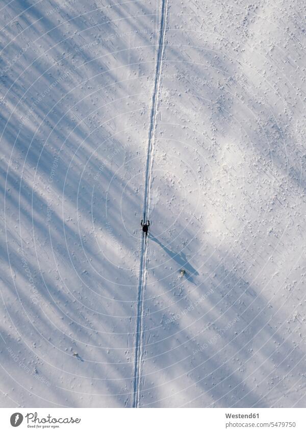 Russland, Oblast Leningrad, Tichwin, Luftaufnahme eines einzelnen Skifahrers im Winter Außenaufnahme außen draußen im Freien Tag Tageslichtaufnahme