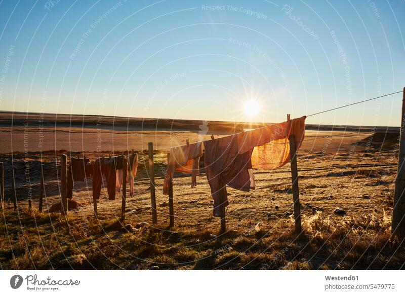 Chile, Tierra del Fuego, Wäsche hängt zum Trocknen auf der Wäscheleine einer Estancia Kleidung Bekleidung Aussicht Ausblick Ansicht Überblick Kleider Natur