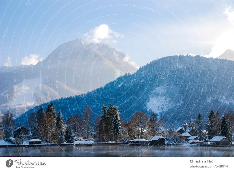 Winter in den Bergen Natur Landschaft Wasser Himmel Wolken Sonnenlicht Schönes Wetter Eis Frost Schnee Hügel Felsen Alpen Berge u. Gebirge Schneebedeckte Gipfel