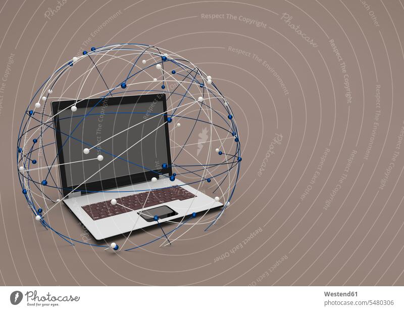 3D-Illustration, Laptop im Netzwerk Technik Techniken Technologie Verbindung verbunden verbinden Anschluss Mobilität mobil Global Business Kommunikation