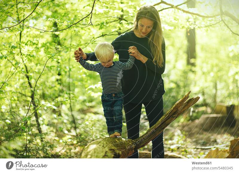 Mutter und Sohn im Wald balancieren Balance Forst Wälder Mami Mutti Mütter Mama spielen Junge männliche Babys männliches Baby männliche Babies ausgeglichen