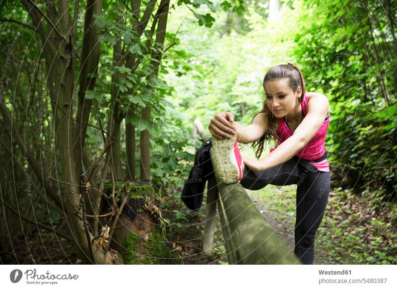 Sportliche junge Frau beim Stretching im Wald dehnen strecken Sportlerin Sportlerinnen weiblich Frauen Erwachsener erwachsen Mensch Menschen Leute People