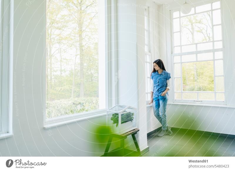 Frau mit Kräutern in Glaskasten am Fenster weiblich Frauen Erwachsener erwachsen Mensch Menschen Leute People Personen Zuhause zu Hause daheim