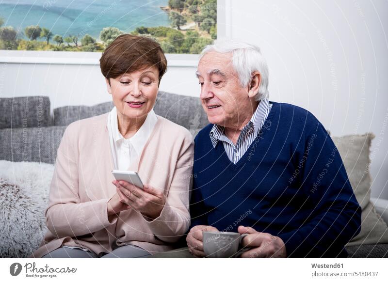 Älteres Ehepaar liegt auf der Couch und benutzt ein Smartphone telefonieren anrufen Anruf telephonieren iPhone Smartphones Nachricht Mitteilung Botschaft lesen