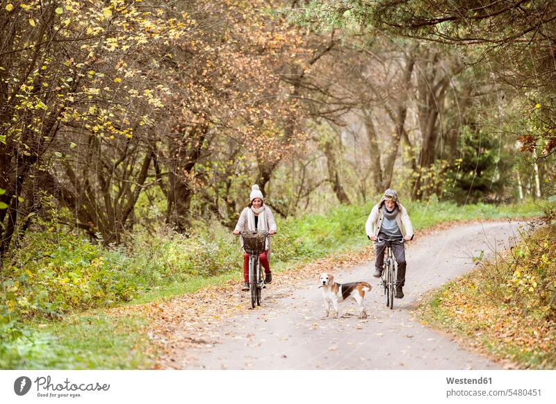 Älteres Ehepaar macht eine Fahrradtour mit Hund radfahren fahrradfahren radeln Seniorenpaar älteres Paar Seniorenpaare ältere Paare Seniorenpärchen