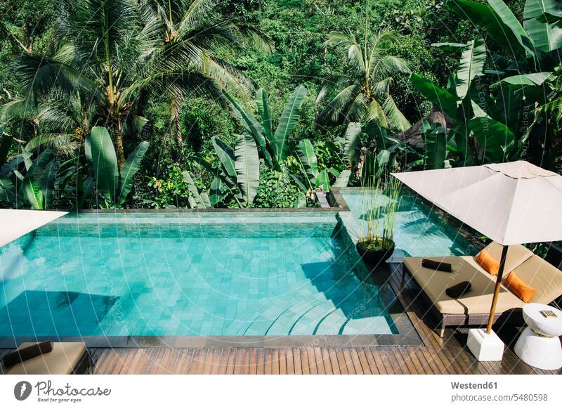 Indonesien, Bali, tropisches Schwimmbad Erholung erholen Abwesenheit menschenleer abwesend leere Terrasse Terrassen Außenaufnahme draußen im Freien Luxus