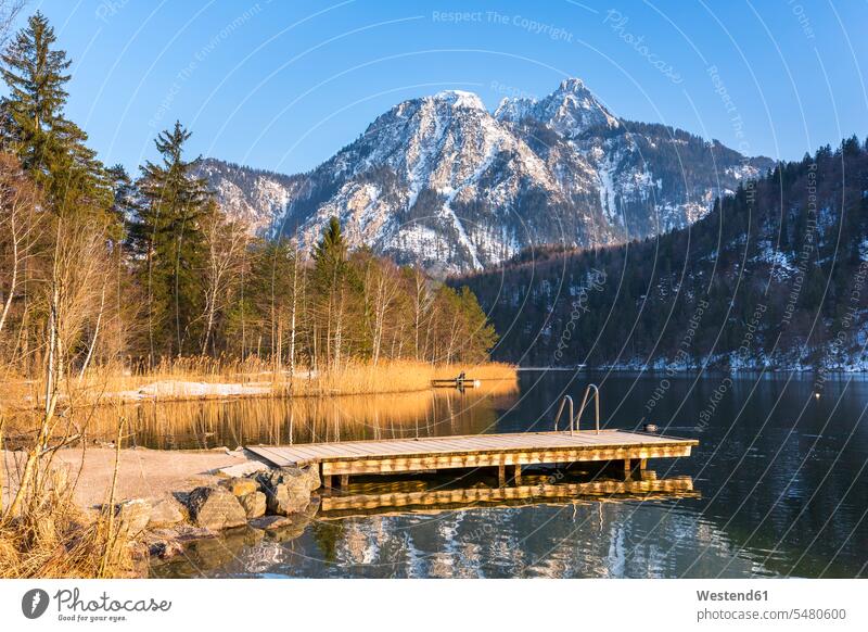 Deutschland, Bayern, Allgäuer Alpen, Schwansee im Winter, Abendstimmung Schönheit der Natur Schoenheit der Natur Bootssteg Steg Anleger Stege Landesteg