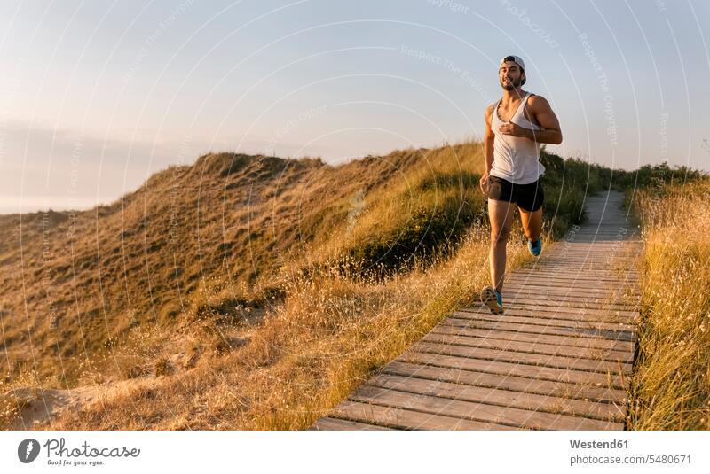 Spanien, Aviles, Sportler, der bei Sonnenuntergang einen Küstenweg entlang läuft Läufer Laeufer Trainieren Übung Üben Übungen Jogger Joggen Jogging Holzsteg