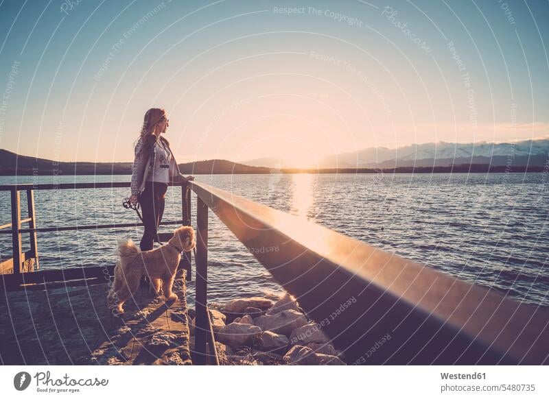 Frau am See, die mit ihrem Hund den Sonnenuntergang beobachtet Hunde nachdenken überlegen Steg Stege Anlegestelle tierlieb Tierliebe tragen transportieren
