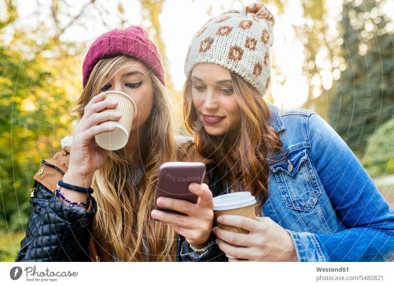 Zwei junge Frauen mit Smartphone in einem Park im Herbst Parkanlagen Parks Freundinnen Handy Mobiltelefon Handies Handys Mobiltelefone Freunde Freundschaft