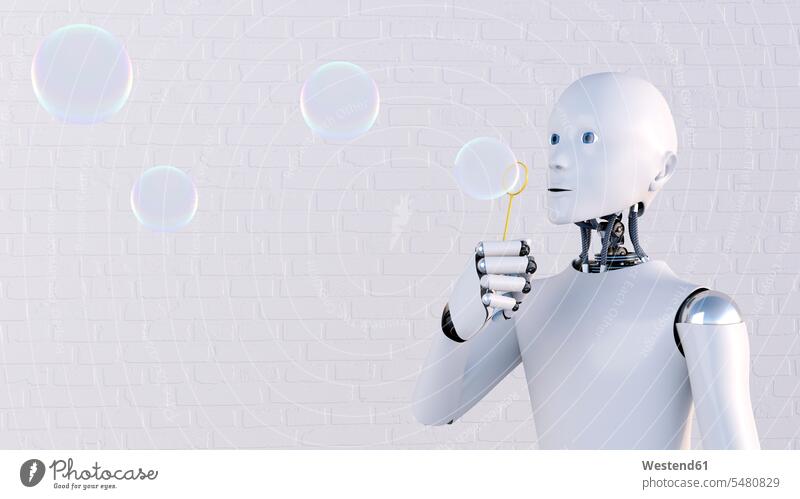Roboter, der Seifenblasen bläst, 3D-Rendering Bildsynthese 3D Rendering Zukunft Freude freuen Entspannung relaxen entspannen Backsteinwand Backsteinmauern