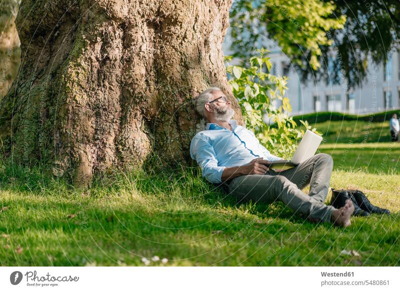 Erwachsener Mann mit Laptop entspannt sich im Park entspanntheit relaxt Männer männlich Notebook Laptops Notebooks sitzen sitzend sitzt Wiese Wiesen Entspannung