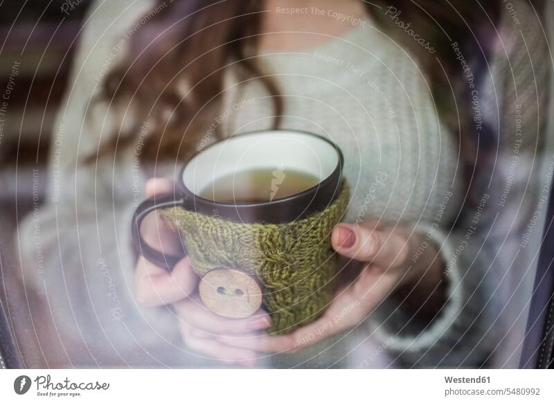 Junge Frau steht mit einer Tasse Tee am Fenster Europäer Kaukasier Europäisch kaukasisch Freizeit Muße Teetasse Teetassen Tees Gemütlich Wohlfühlen behaglich