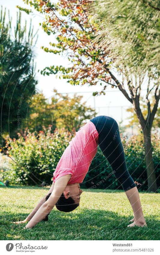 Junge Frau, die im Park Yoga praktiziert, abwärts gerichtete Hundestellung Ausgeglichenheit ausgeglichen ausgewogen Ausgewogenheit Gleichgewicht Balance