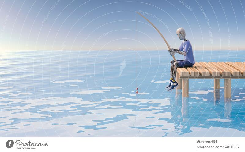 Roboter beim Angeln am Steg, 3D-Rendering Symbolbild Symbolik Ausgeglichenheit ausgeglichen ausgewogen Ausgewogenheit Gleichgewicht Balance Ozean Weltmeere