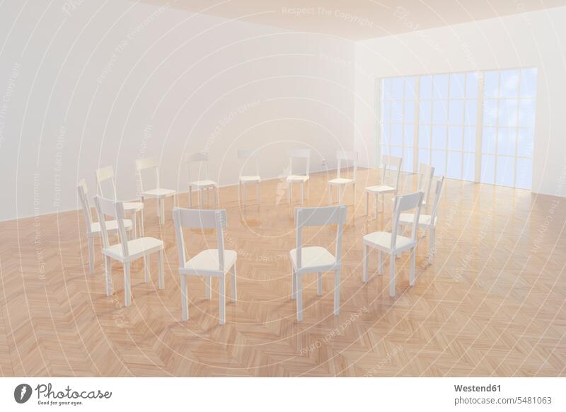Kreis der Stühle, 3d Rendering modern rund Abwesenheit menschenleer abwesend Holzboden Holzfußböden Holzfussboeden Holzfußboden weiß weißes weißer weiss 3D