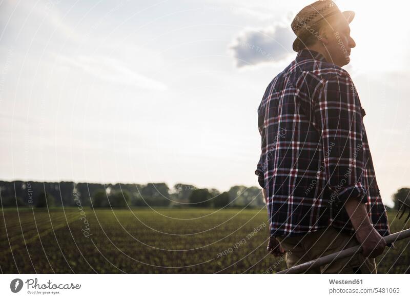 Landwirt, der einen Rechen neben einem Feld hält Bauer Landwirte Bauern Felder Landwirtschaft Mann Männer männlich Erwachsener erwachsen Mensch Menschen Leute