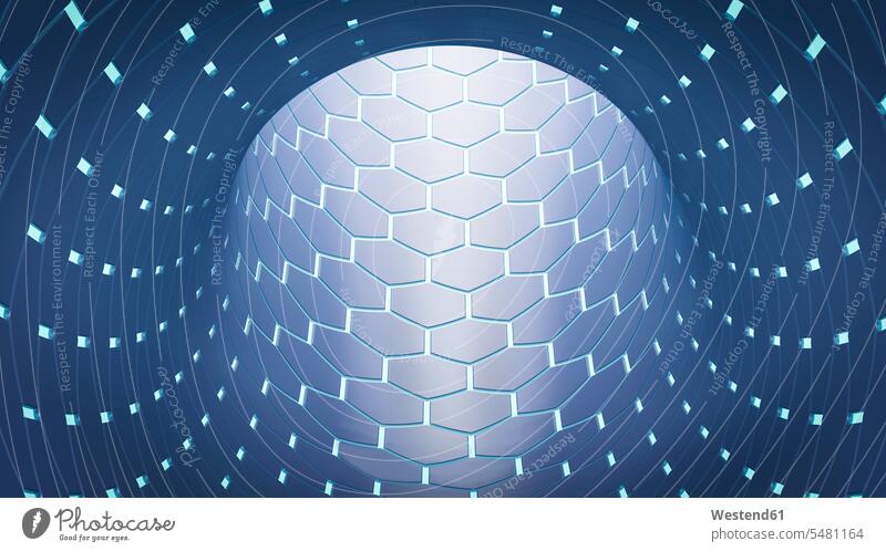 Futuristischer Tunnel, 3D-Rendering modern Bildsynthese 3D Rendering Wabe Waben Textfreiraum futuristisch Zukunft Future Visionär Niemand Lichtstrahl Strahlen