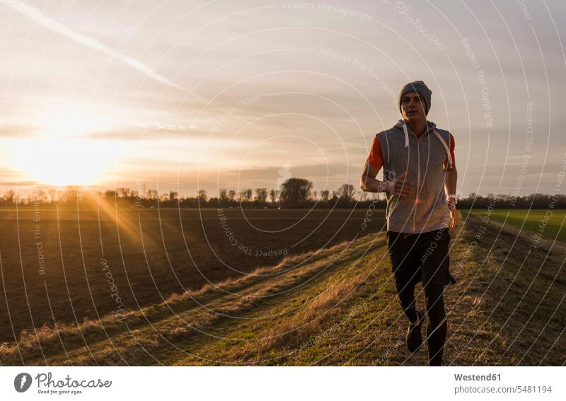 Mann rennt bei Sonnenuntergang in ländlicher Landschaft laufen rennen Männer männlich Joggen Jogging Erwachsener erwachsen Mensch Menschen Leute People Personen