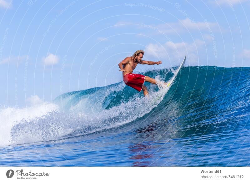 Surfer auf einer Welle Wellen Wasser Wellenreiter Surfen Surfing Wellenreiten reisen Travel verreisen Weg Reise Freizeit Muße wellenreiten Wassersport Sport