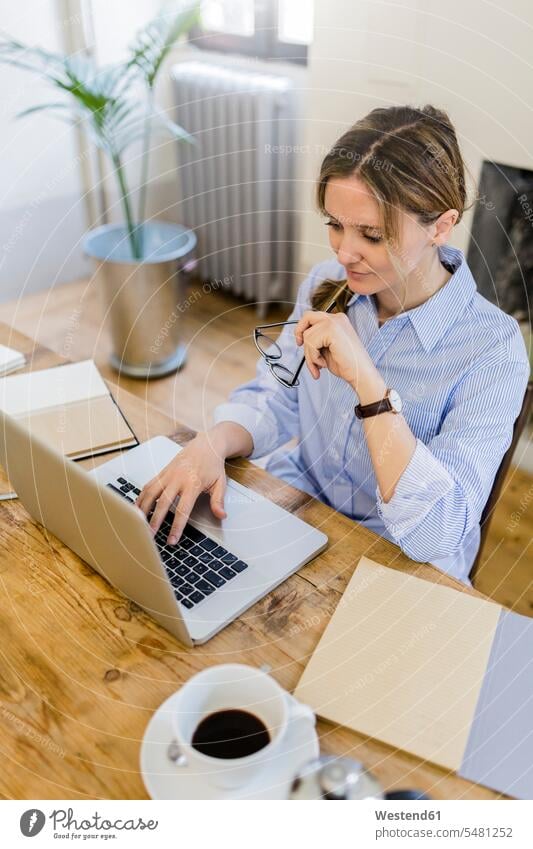 Frau benutzt Laptop auf Holztisch zu Hause Notebook Laptops Notebooks benutzen Zuhause daheim Schreibtisch Arbeitstisch Schreibtische weiblich Frauen Computer