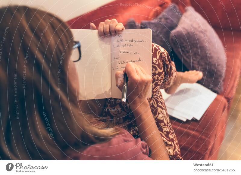 Frau schreibt im Notizbuch schreiben Erwachsener Mensch Schriftstellerin Brille Intelligenz Europäer Handschrift notieren Häusliches Leben aufschreiben Heft