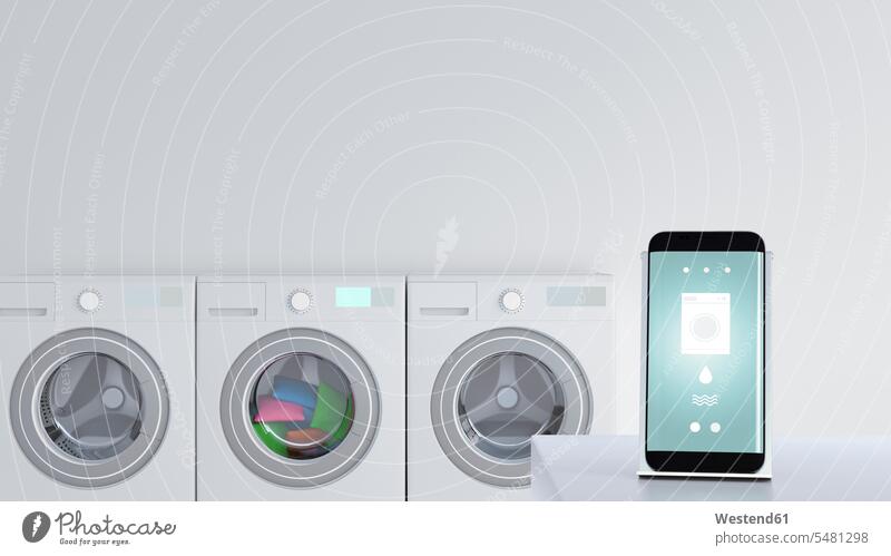 Smartphone mit Wasch-App auf Ladestation Waschmaschine Waschmaschinen Komfort Annehmlichkeiten komfortabel Bequem Erreichbarkeit verfügbar Verfügbarkeit