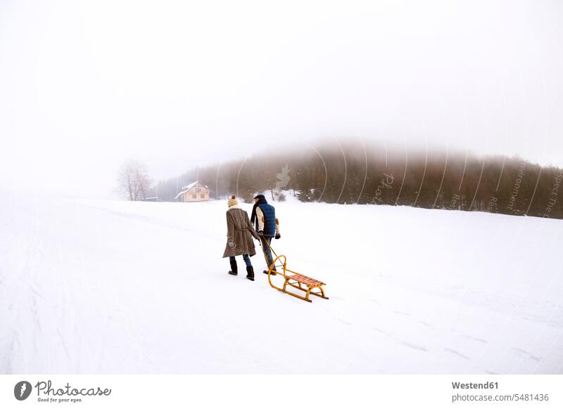 Rückenansicht eines älteren Ehepaares mit nebeneinander laufendem Schlitten in schneebedeckter Landschaft Schnee Paar Pärchen Paare Partnerschaft Wetter Mensch