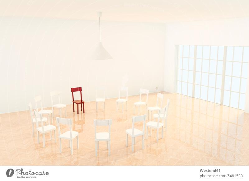 Stuhlkreis, ein roter Stuhl, 3D-Rendering modern Abwesenheit menschenleer abwesend Holzboden Holzfußböden Holzfussboeden Holzfußboden weiß weißes weißer weiss
