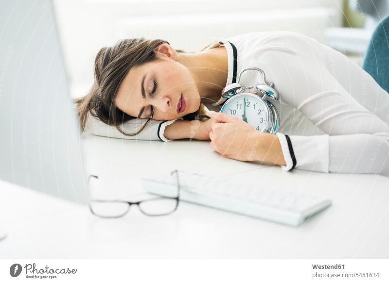 Überarbeitete Frau schläft im Büro auf dem Schreibtisch schlafen schlafend weiblich Frauen Schlaf Erwachsener erwachsen Mensch Menschen Leute People Personen