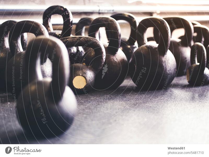 Kettlebells auf dem Boden in der Turnhalle Rundgewicht Kugelhantel Gewicht Gewichte Training trainieren Fitnessgerät Fitnessgeräte Fitnessgeraete fit Gesundheit