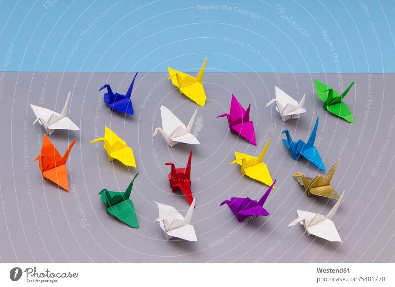 Origami, Kraniche Kunst nebeneinander Seite an Seite Reihe aufgereiht in einer Reihe hintereinander bunt farbig mehrfarbig Anordnung Positionierung Anordnungen