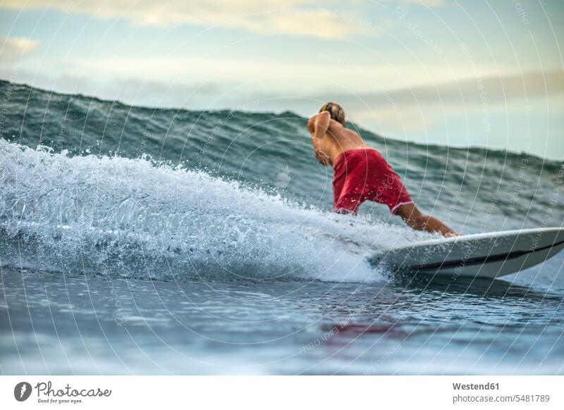 Indonesien, Bali, Mann surfen Surfen Surfing Wellenreiten Männer männlich Surfer Wellenreiter Meer Meere Wassersport Sport Erwachsener erwachsen Mensch Menschen