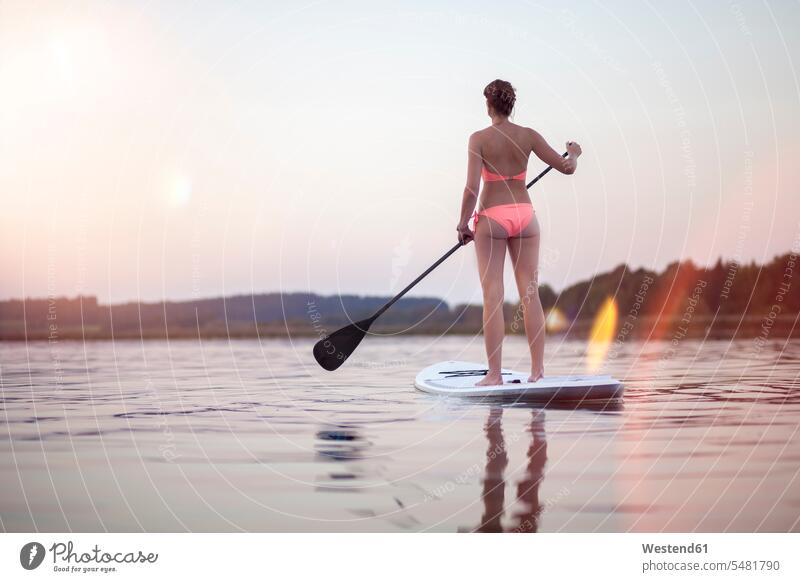 Deutschland, Bayern, Chiemsee, Frau im SUP-Vorstand See Seen Paddleboard Paddelbrett SUP-Board Standup Paddle Boards SUP-Boards Stehpaddeln