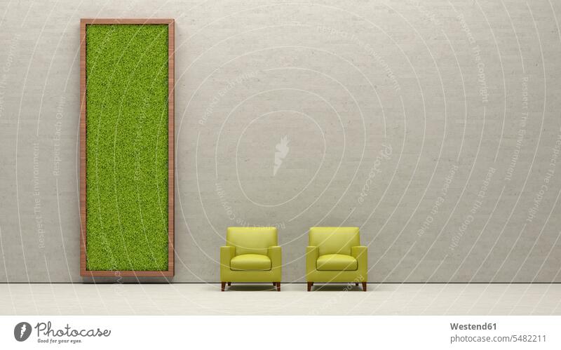 Zwei Sessel und eine Wohnwand, 3D-Rendering Minimalismus minimalistisch Gras Rasen Raumklima Einrichtung hellgrün hellgruen Lounge Lounges Platz geräumig