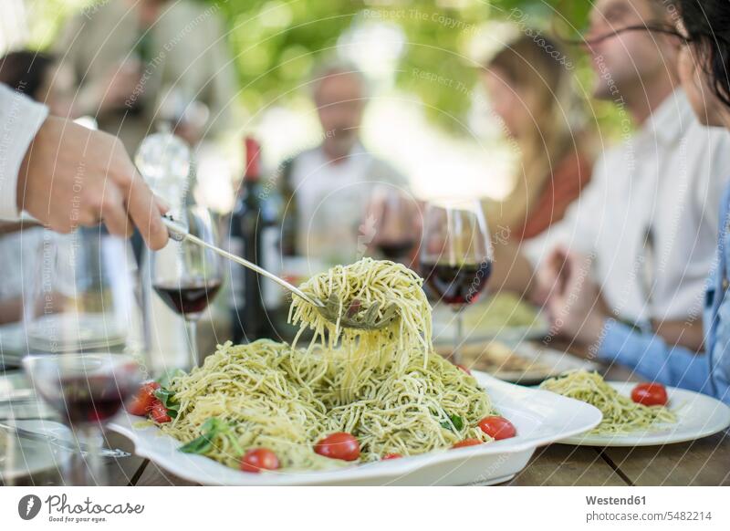 Spaghetti zum Mittagessen im Garten essen essend Rotwein Rotweine feiern Gruppe Gruppe von Menschen Menschengruppe Spagetti Wein Weine Alkohol