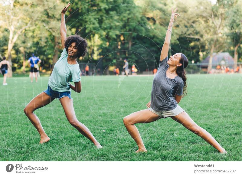 Zwei junge Frauen machen Yoga-Übungen in einem Park Freundinnen Yogauebungen Yogaübungen Jogauebung Jogauebungen Freunde Freundschaft Kameradschaft Achtsamkeit