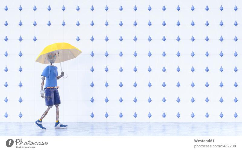 Roboter mit gelbem Regenschirm läuft im Regen Idee Ideen Eingebung Tropfen unterwegs auf Achse in Bewegung menschlich menschenähnlich Männliche Darstellung Mann