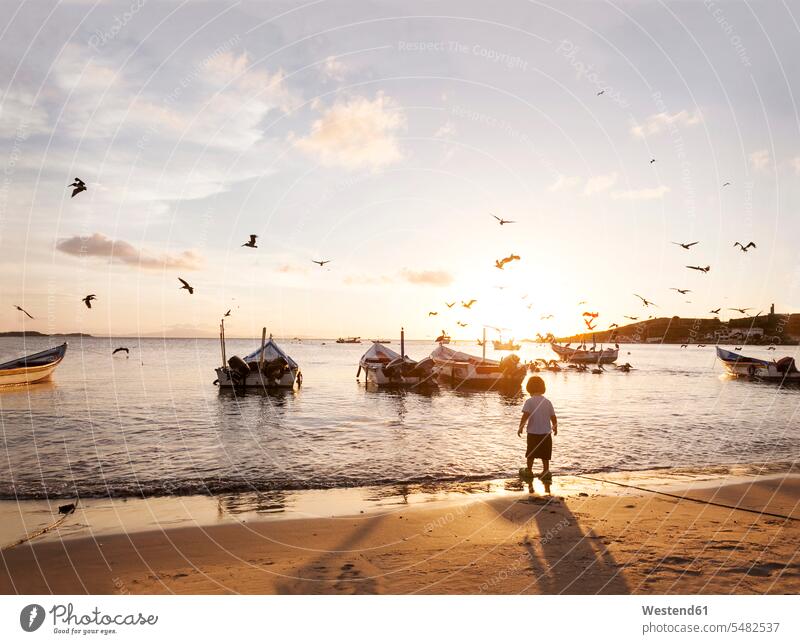 Venezuela, Isla Margarita, Juan Griego, Rückenansicht eines kleinen Jungen, der bei Sonnenuntergang an der Strandpromenade steht Sommer Sommerzeit sommerlich