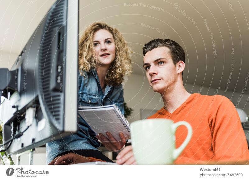 Zwei Kollegen am Schreibtisch mit Blick auf den Computermonitor Arbeitskollegen ansehen Business Geschäftsleben Geschäftswelt geschäftlich Home Office