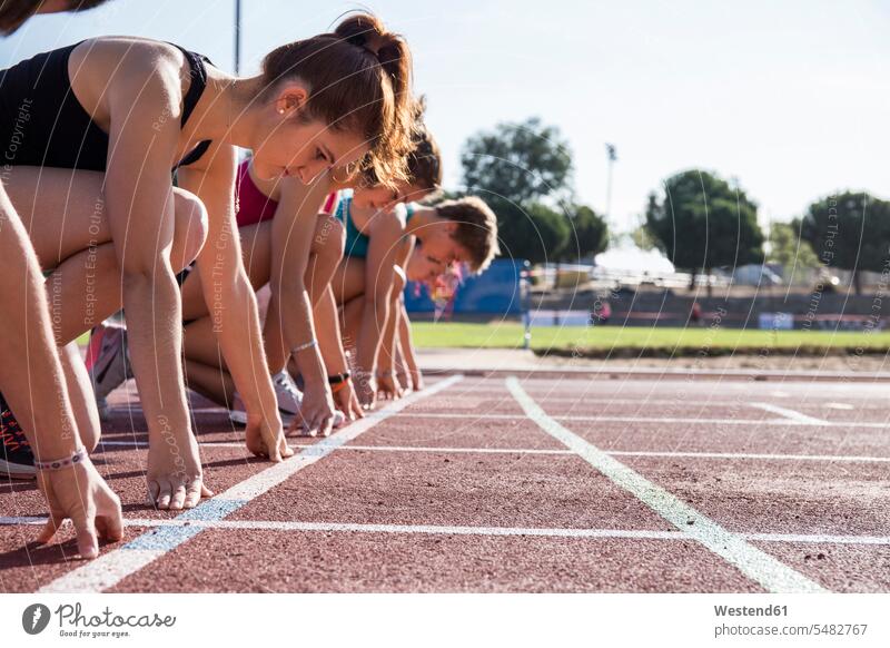 Läuferinnen auf Tartanbahn in Startposition Leichtathletik sprinten Sprint Sportlerin Sportlerinnen Frau weiblich Frauen Erwachsener erwachsen Mensch Menschen