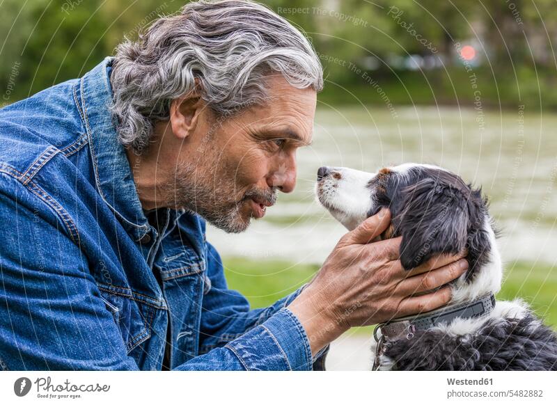Älterer Mann im Gespräch mit seinem Hund Männer männlich Hunde Erwachsener erwachsen Mensch Menschen Leute People Personen Haustier Haustiere Tier Tierwelt