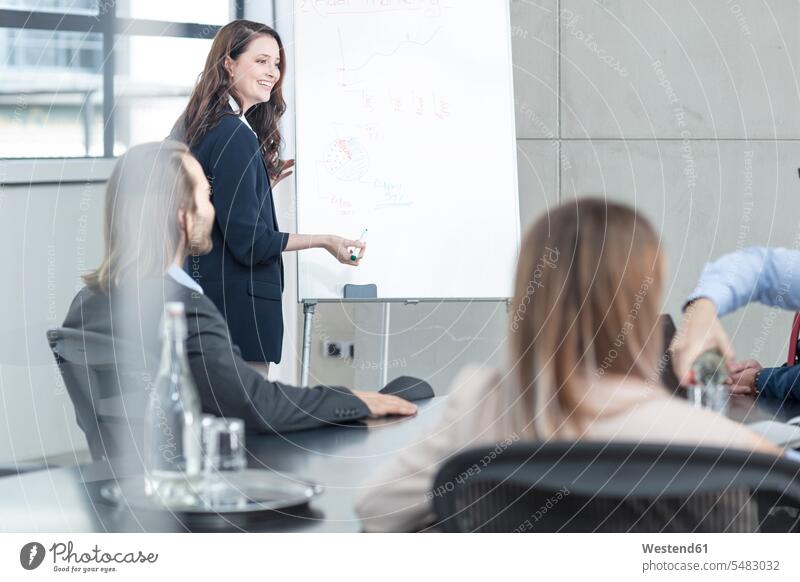 Geschäftsfrau, die eine Präsentation über eine Sitzung im Konferenzraum leitet Meeting leiten Geschäftsbesprechung Geschäftsleute Business Besprechungsraum