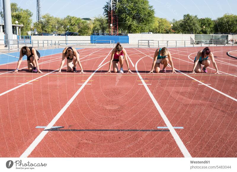 Läuferinnen auf Tartanbahn in Startposition sprinten Sprint Leichtathletik Sportlerin Sportlerinnen Frau weiblich Frauen Erwachsener erwachsen Mensch Menschen