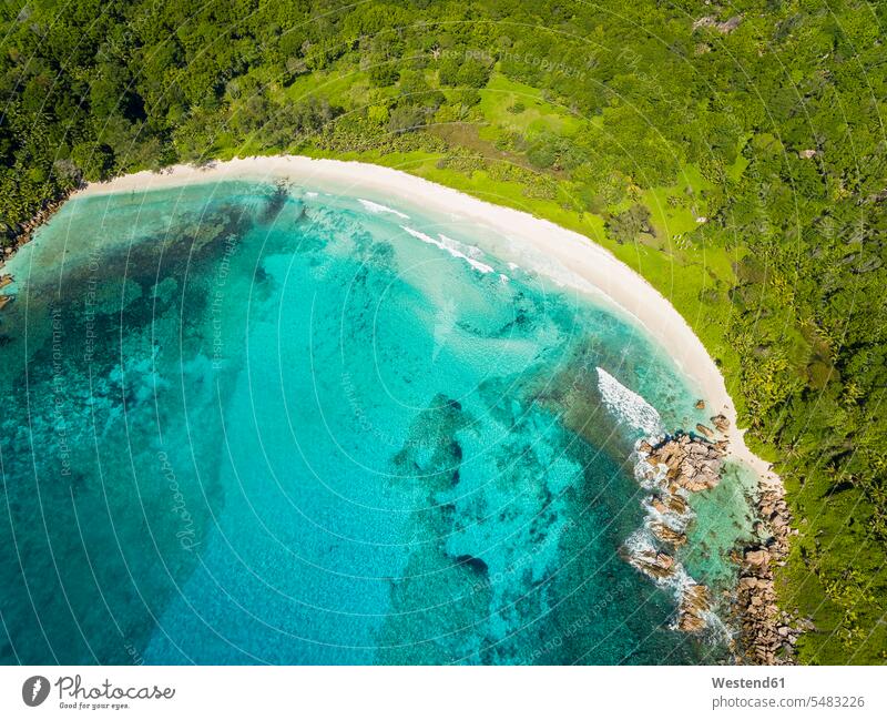 Seychellen, La Digue, Blick auf den Anse-Cocos-Strand, Luftaufnahme leer leere Baum Bäume Baeume Schönheit der Natur Schoenheit der Natur Ostküste Meer Meere