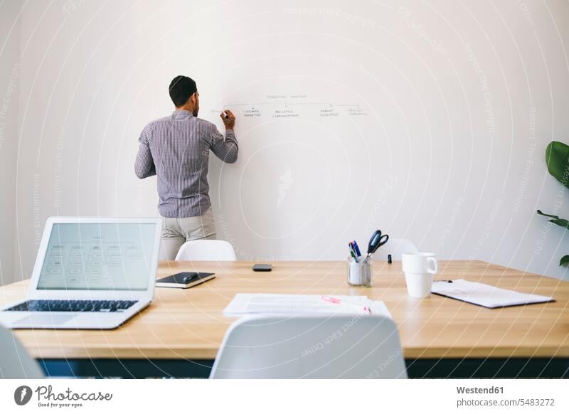 Mann im Büro schreibt Diagramm an die Wand schreiben aufschreiben notieren schreibend Schrift Geschäftsmann Businessmann Businessmänner Geschäftsmänner Männer