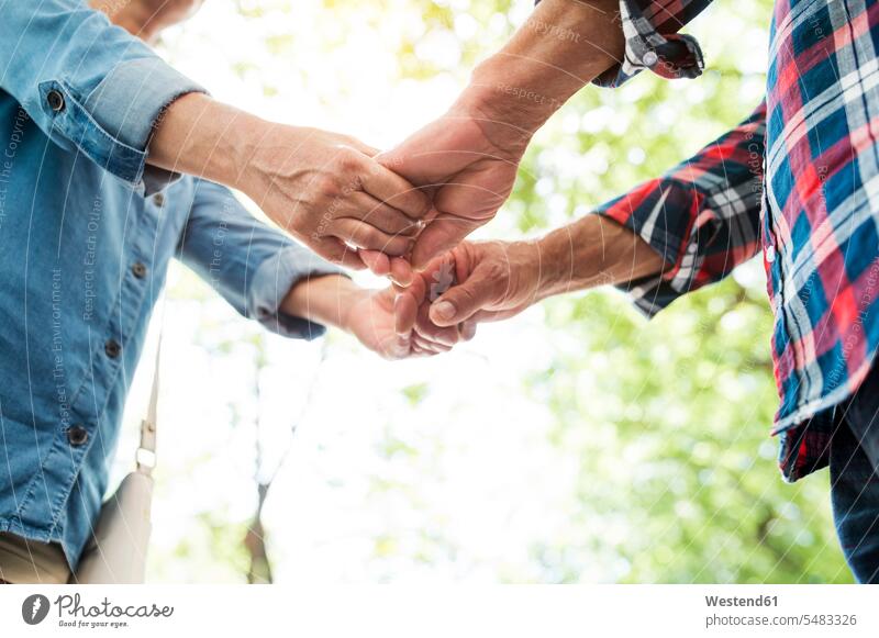 Älteres Paar, das in der Natur Händchen hält, Teilansicht Pärchen Paare Partnerschaft Hand Hände halten Mensch Menschen Leute People Personen stehen stehend