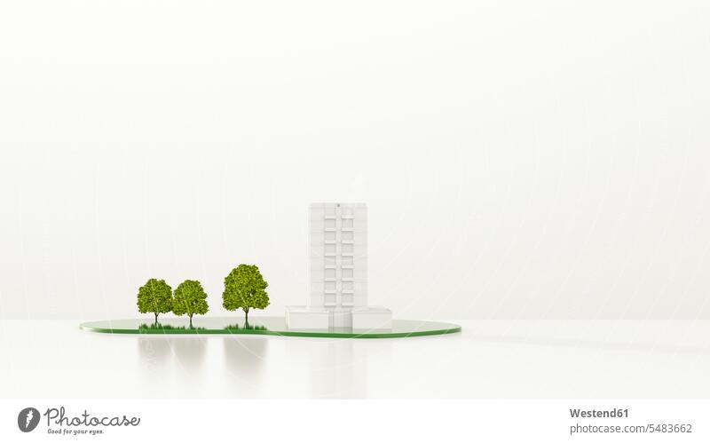Bäume vor einem Wohnhaus, 3D-Rendering minimalistisch Miniatur Miniaturen Architektur Baukunst Wohnen Symbolbild Symbolik Hochhaus Hochhaeuser Hochhäuser Ahorn