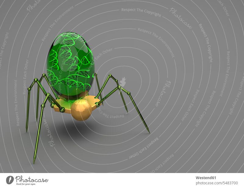 Nanorobotik mit DNA auf grauem Hintergrund, 3D-Rendering Naturwissenschaft Naturwissenschaften Tierdarstellung Insekt Kerbtiere Insecta Insekten Nanotechnologie